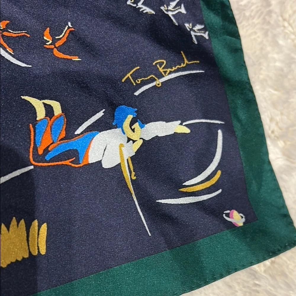 Tory Burch Navy Multicolor Silk Scarf with Green Border